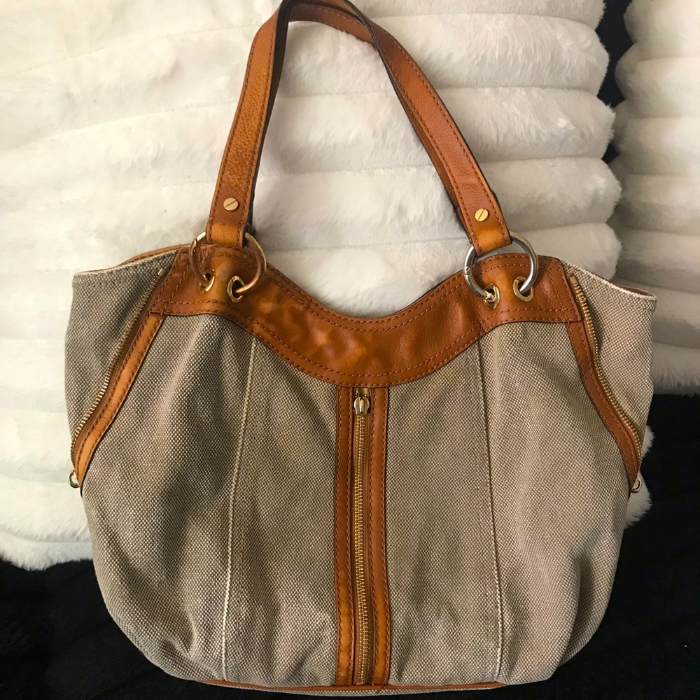 Woman’s Vintage Michael Kors Canvas/Tan Leather Tote Bag Neutral Beige/Tan